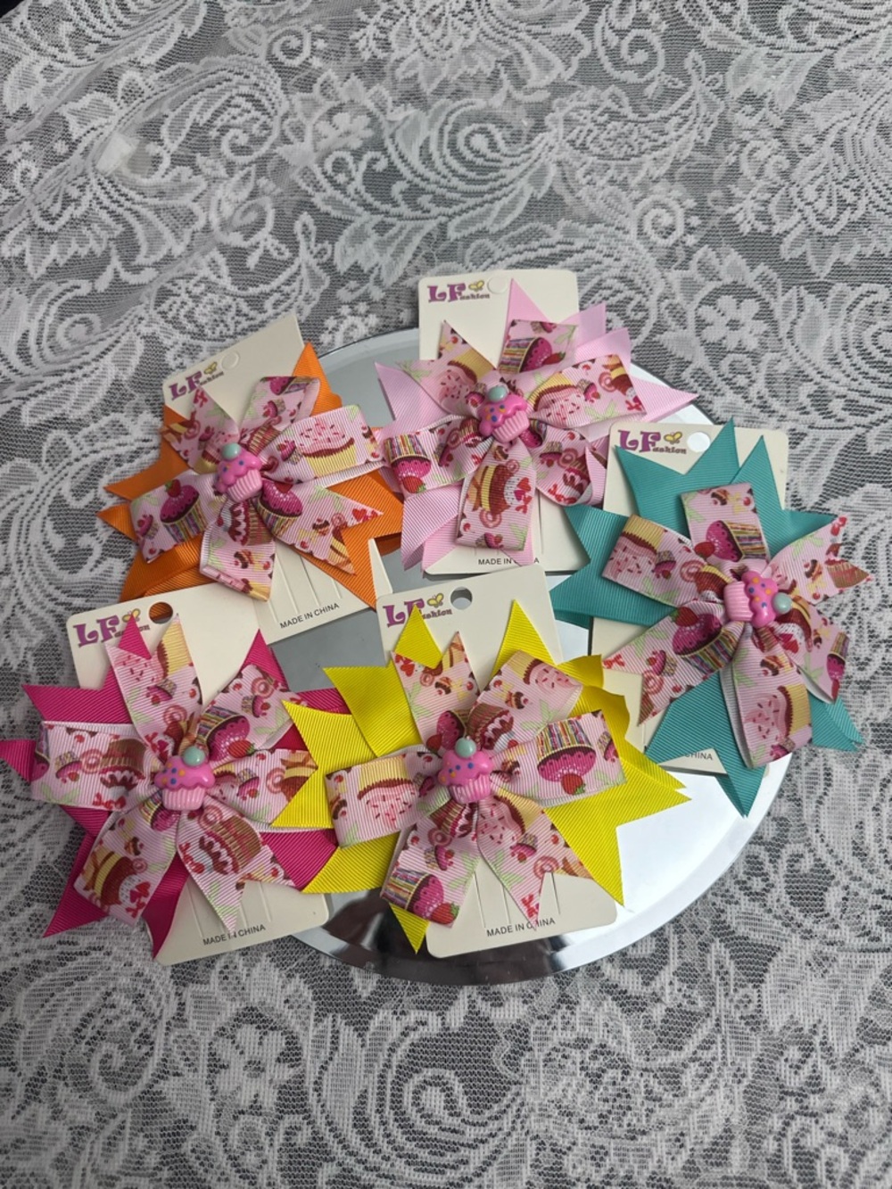 Girls Cupcake Hair Bow Alligator Clips 🎀 5pc Colorful Cute Set